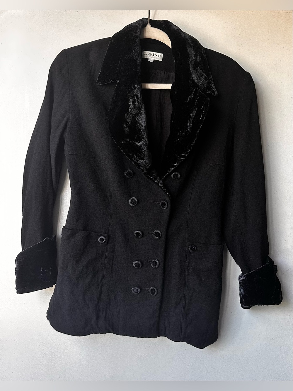Padded BEBE Black Double-Breasted Blazer with Velvet Collar and Cuffs